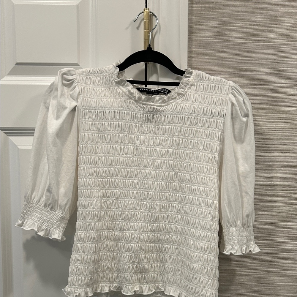 Veronica Beard White Smocked Puff-Sleeve Blouse